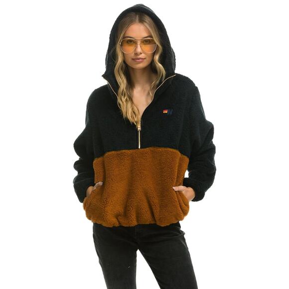 Aviator Nation Teddy Unisex Hooded Half Zip Color Block Jacket Brown Medium - Picture 1 of 7